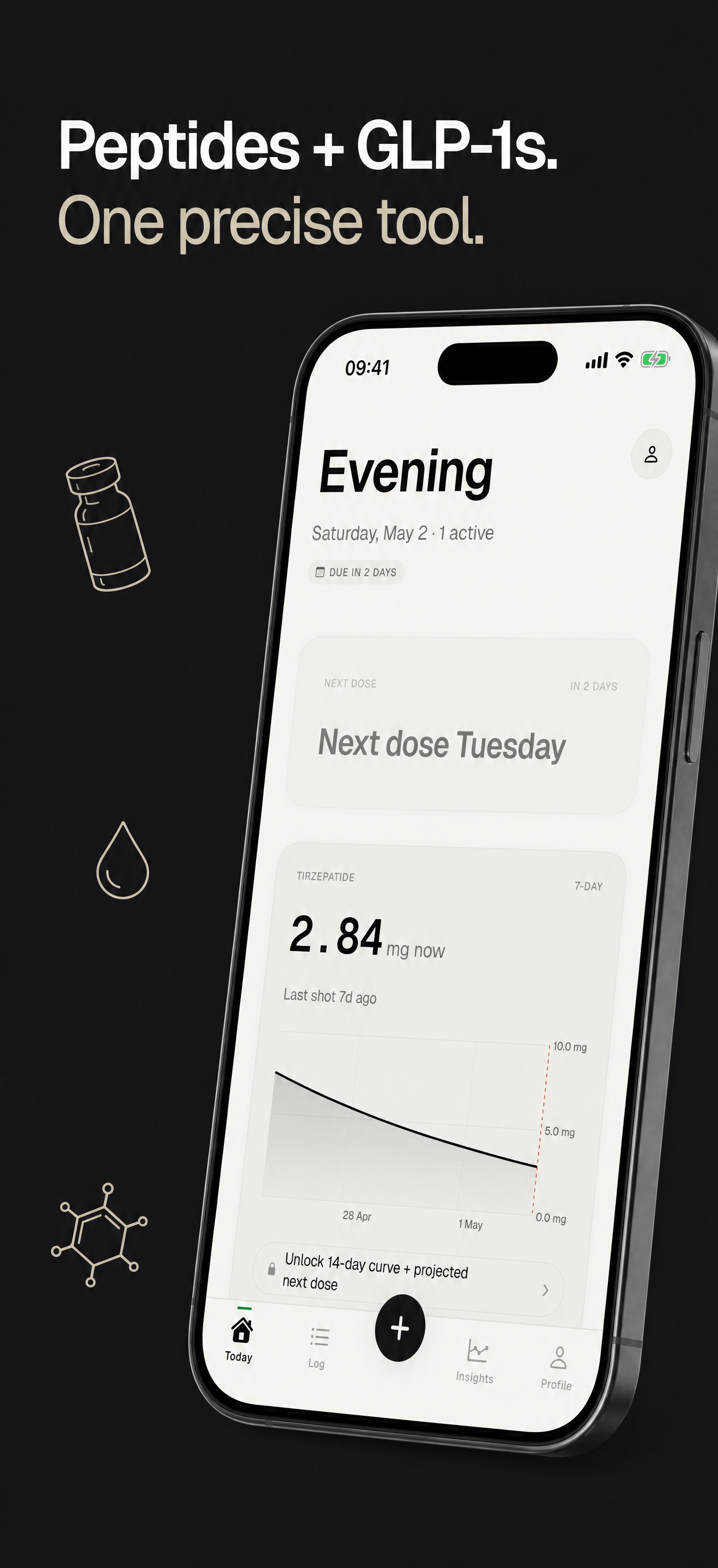 Titrate's Today screen showing the medication-level chart and active protocol